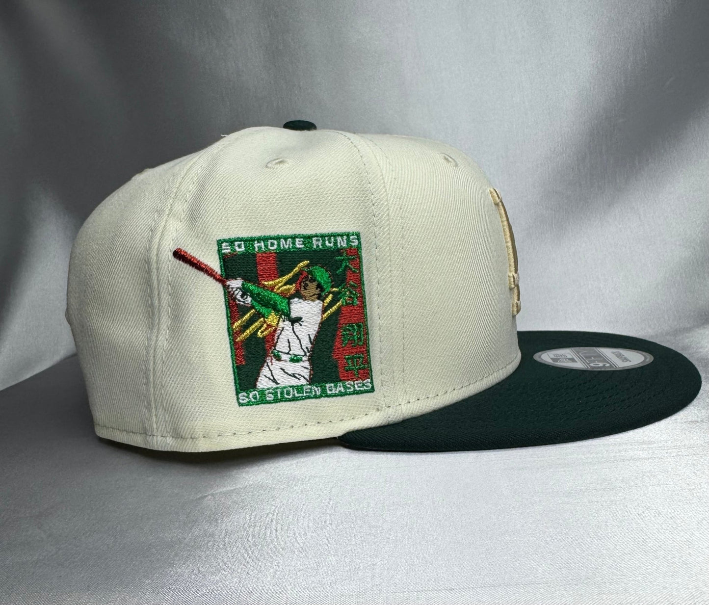 New Era 9Fifty Los Angeles Dodgers Snapback Hat - Shohei Ohtani 50 HR/50 SB Patch - Off White/Dark Green - ExclusiveCrowns