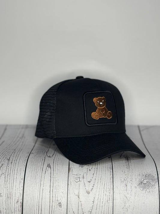 Teddy Bear Trucker Hat - Black Mesh Adjustable Back