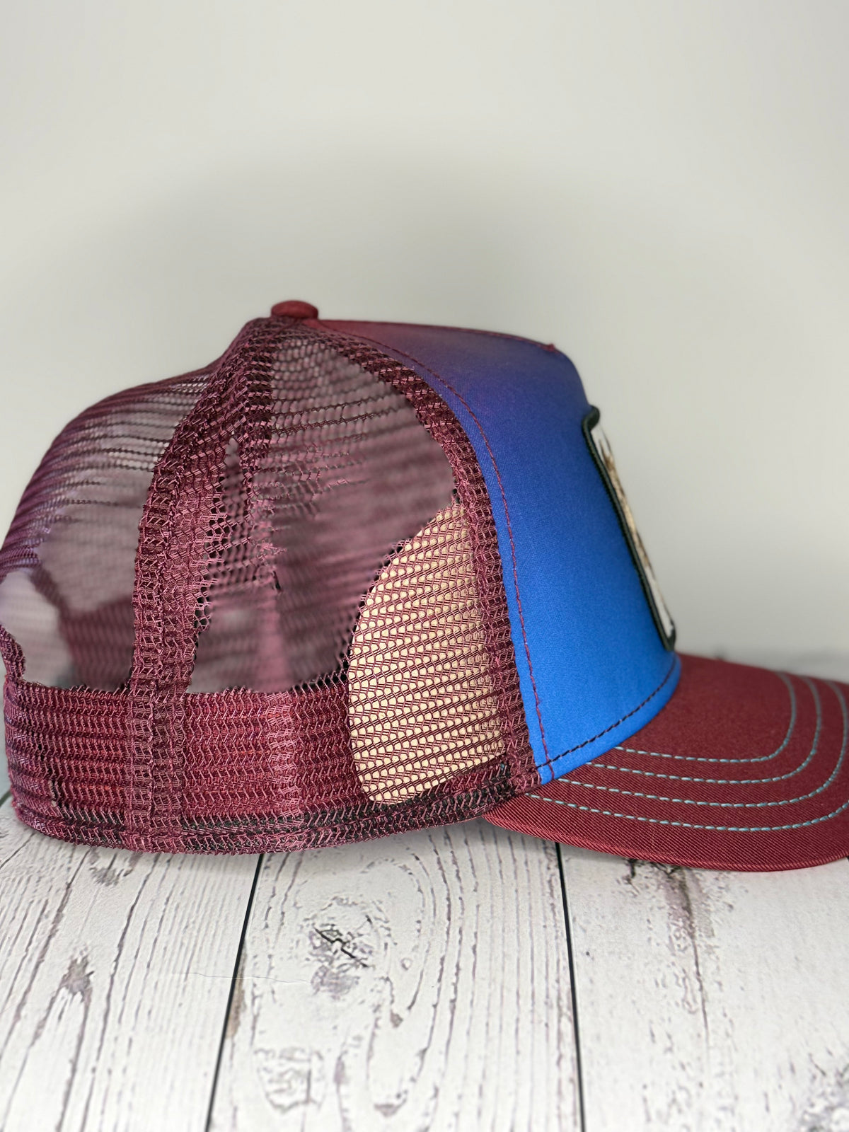 Goorin Bros Pit Bull burgundy mesh adjustable trucker hat side view