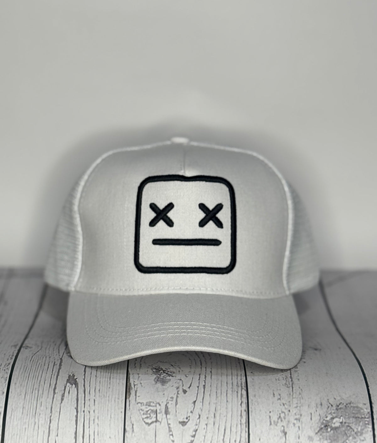 Smiley Face Trucker Hat - Full White Mesh Back