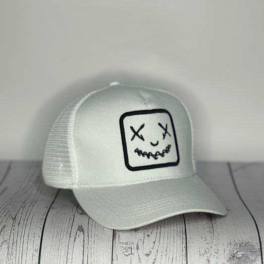 Smiley Face Trucker Hat - Full White Mesh Back