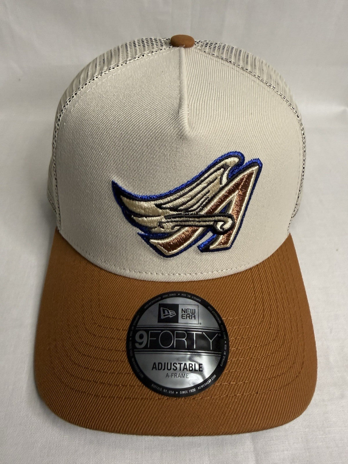 New Era 9FORTY A-Frame Los Angeles Angels Trucker Snapback Hat Stone Brown Mesh