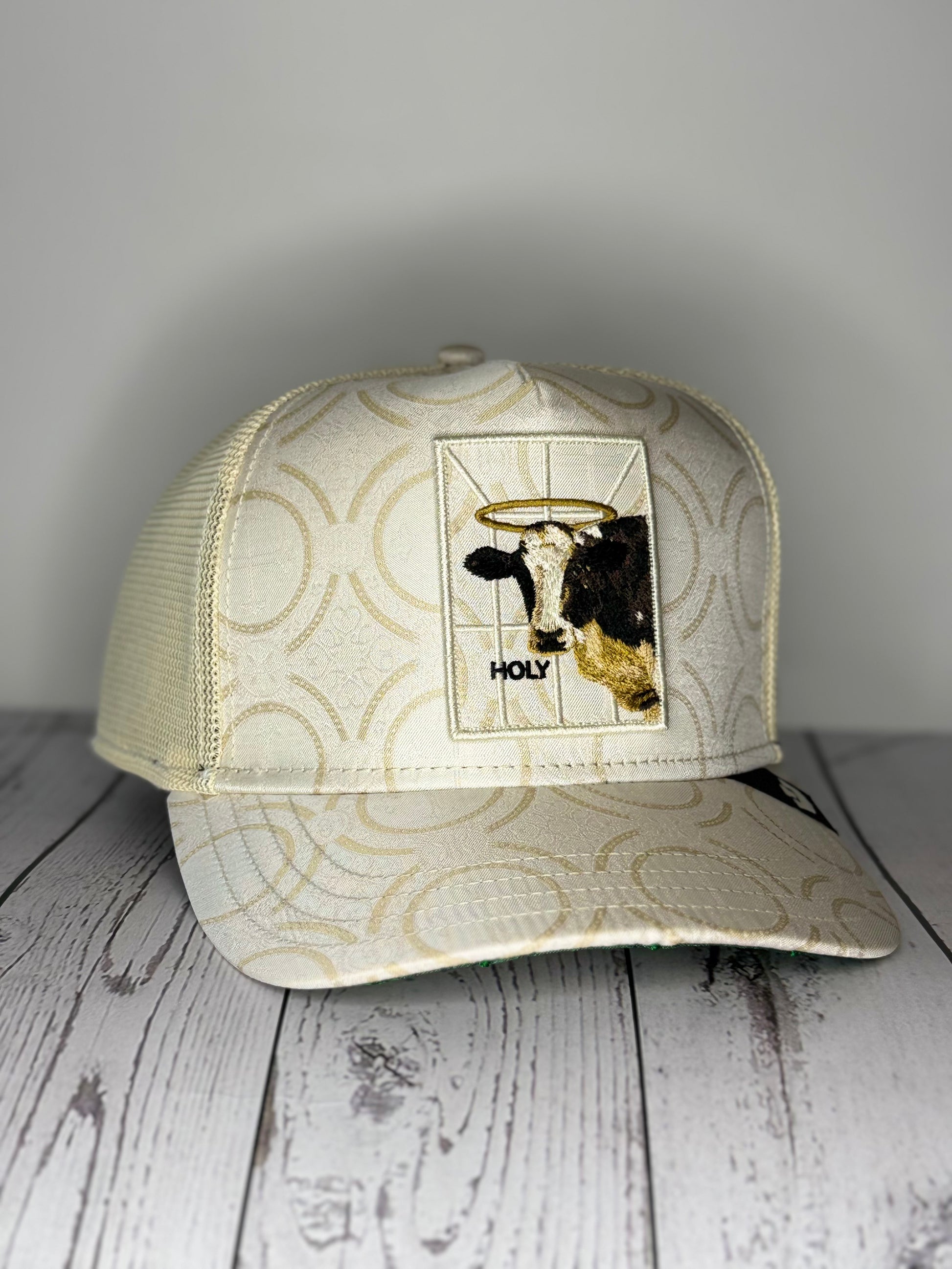 Goorin Bros Holy Cow white patterned trucker hat angled view