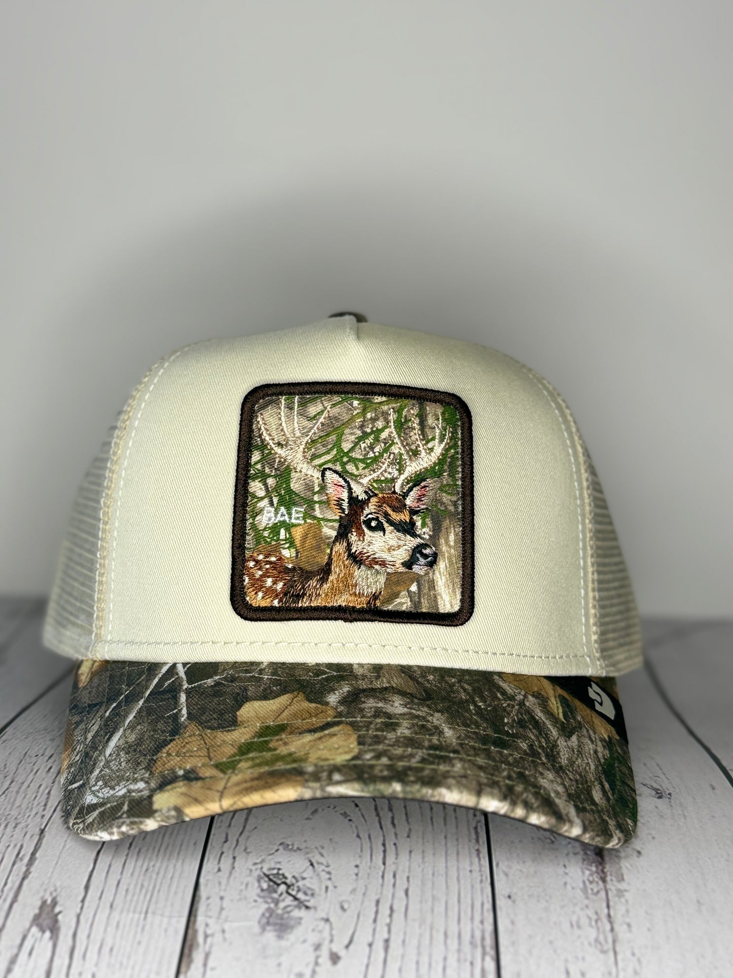 Goorin Bros Bae Doe white Realtree camo trucker hat front view