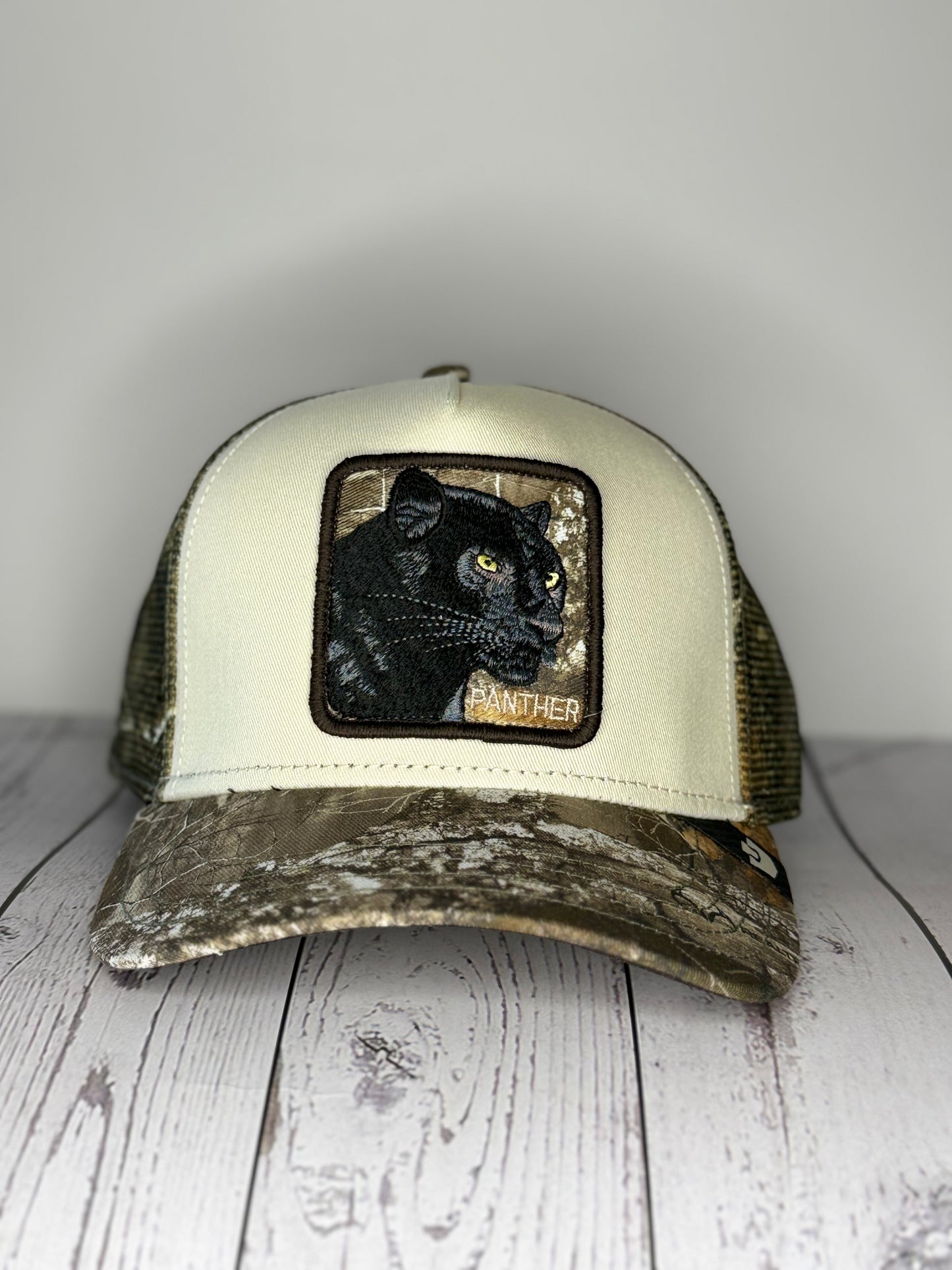 Goorin Bros Black Panther cream camo trucker hat front view