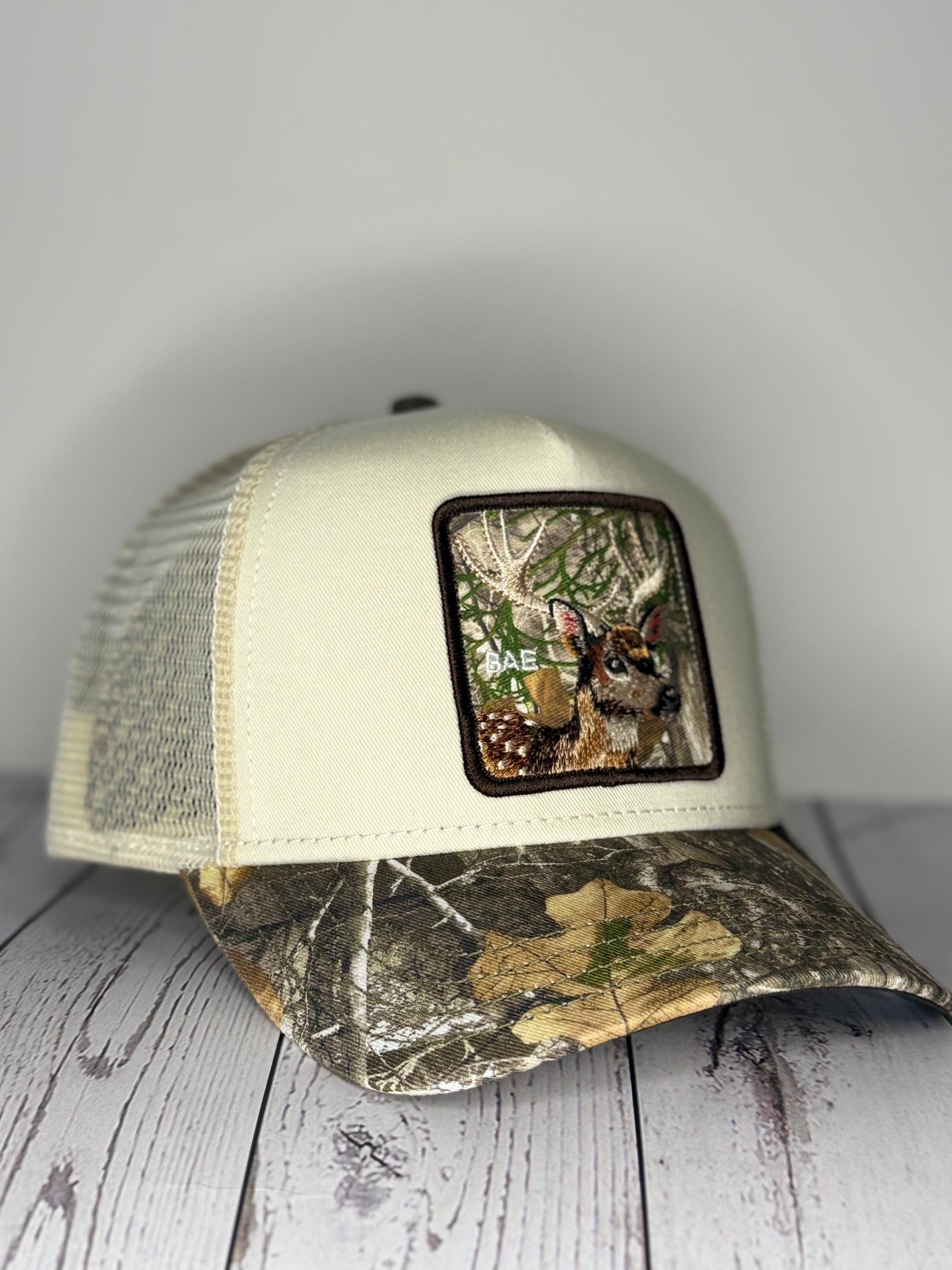 Goorin Bros Bae Doe trucker hat white and Realtree camo side view