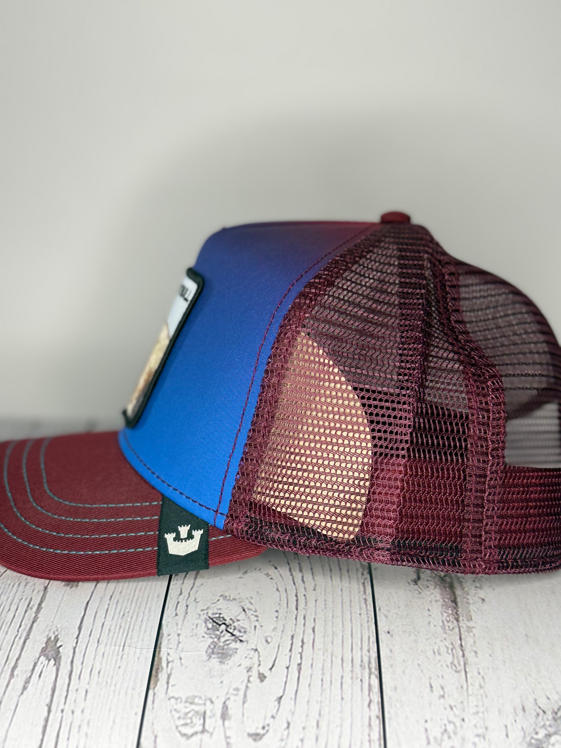 Goorin Bros Pit Bull trucker hat burgundy mesh opposite side view