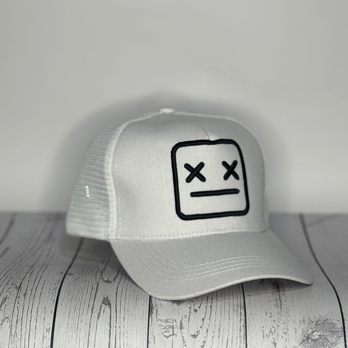 Smiley Face Trucker Hat - Full White Mesh Back