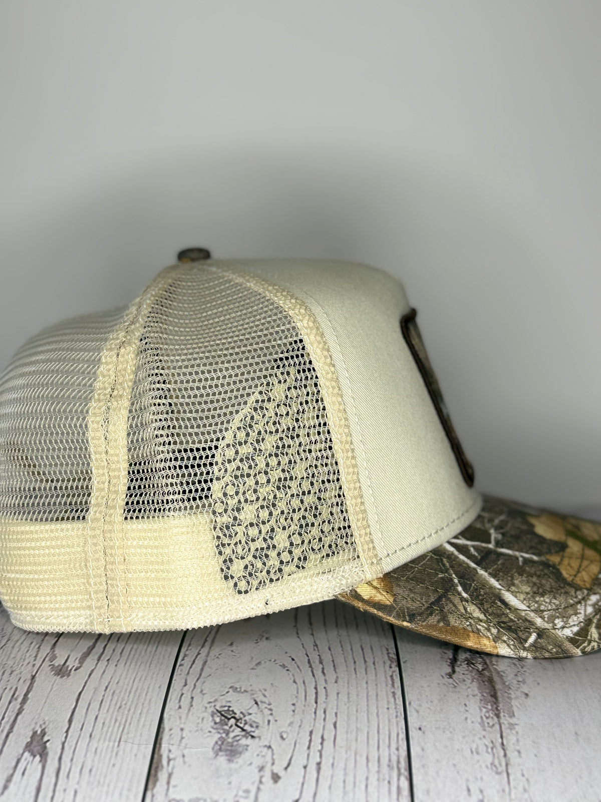 Goorin Bros Bae Doe white mesh trucker hat side and back view