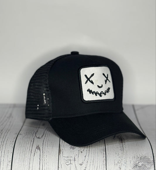 Smiley Face Trucker Hat - Black & White Mesh Back