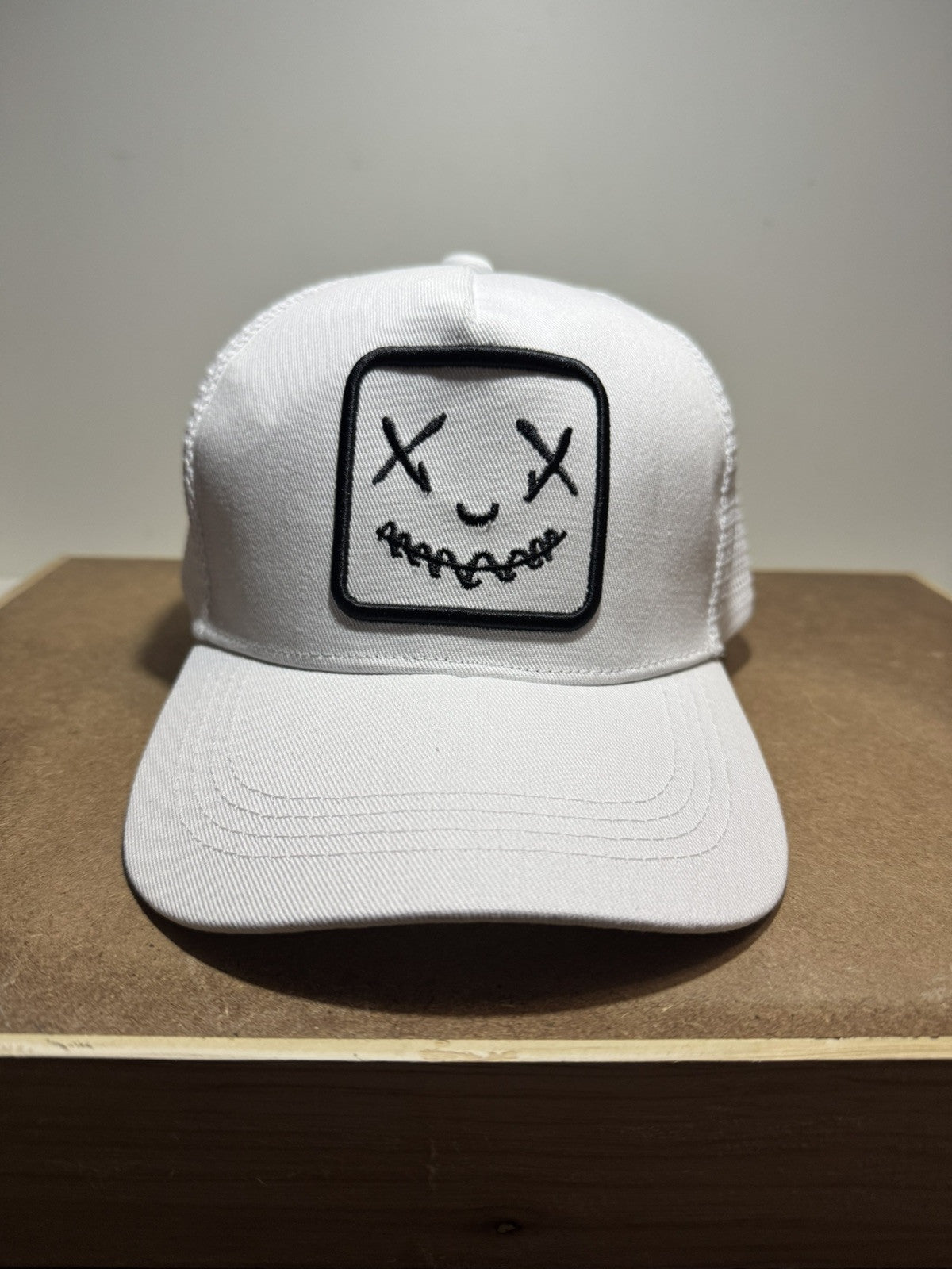 Smiley Face Trucker Hat - Full White Mesh Back