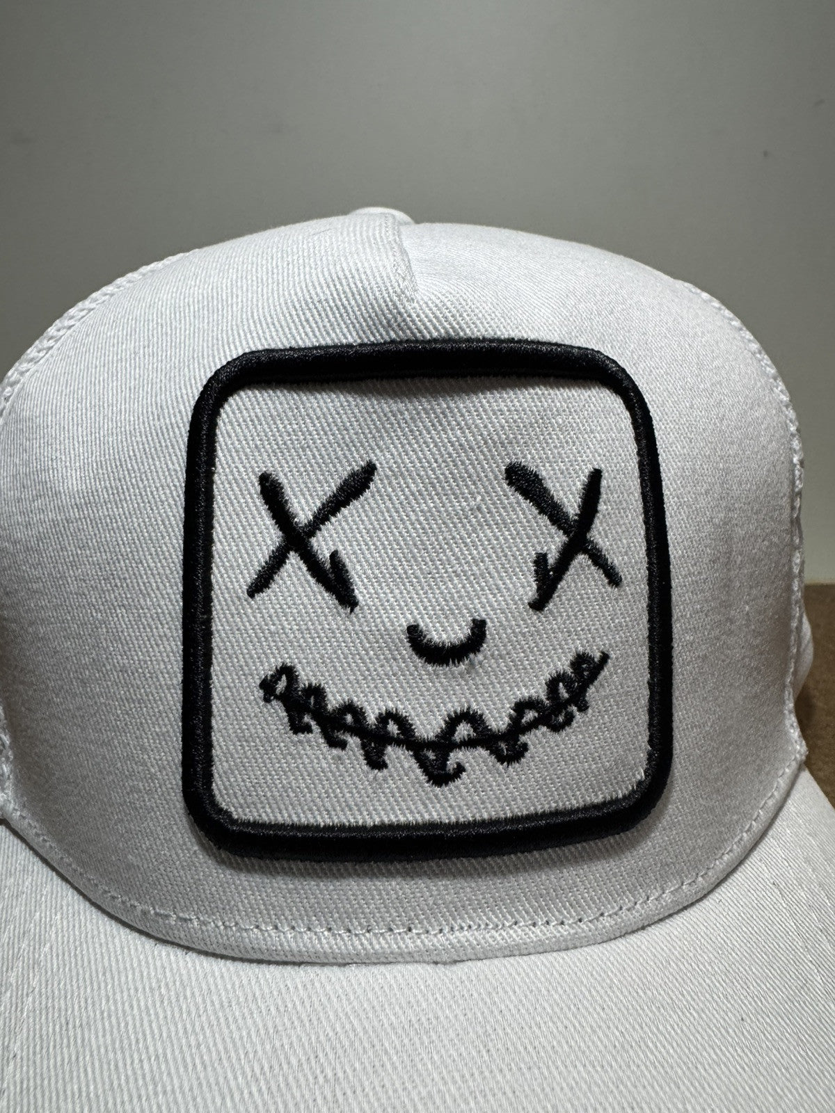 Smiley Face Trucker Hat - Full White Mesh Back