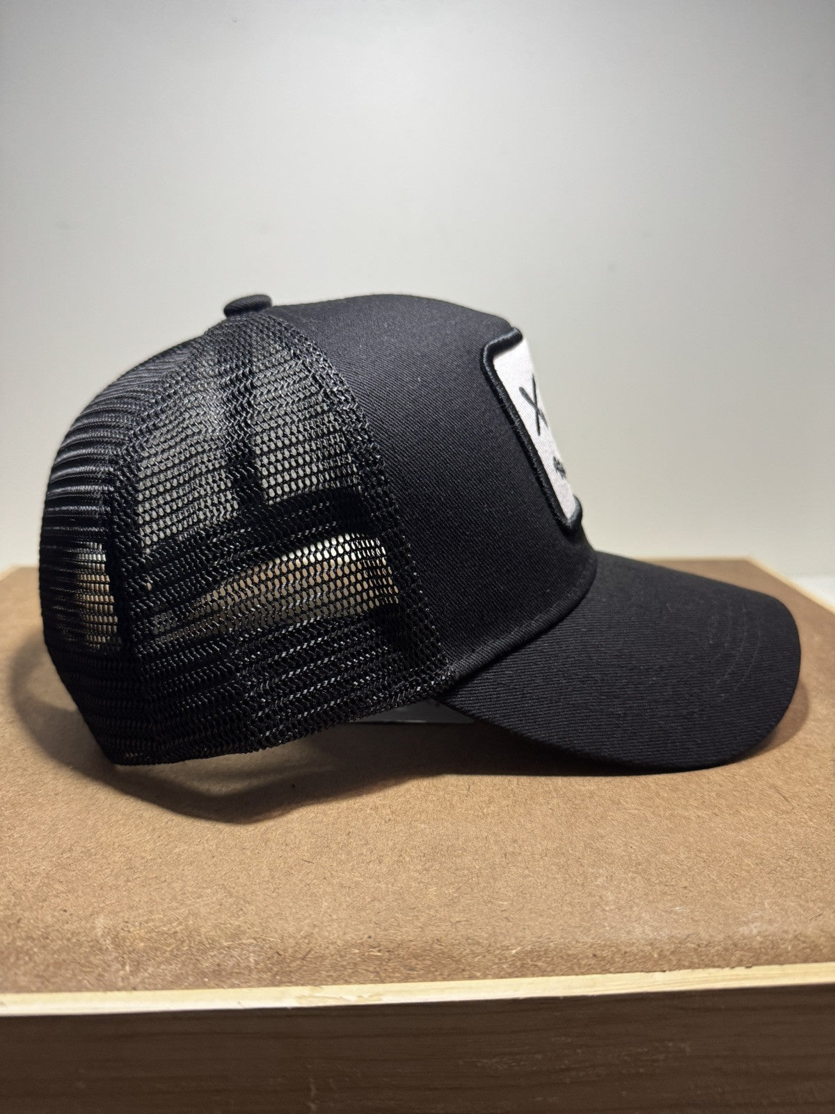 Smiley Face Trucker Hat - Black & White Mesh Back