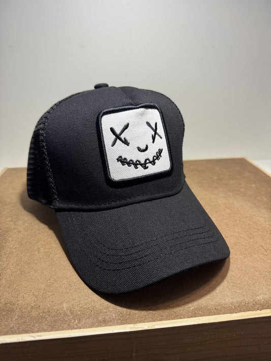 Smiley Face Trucker Hat - Black & White Mesh Back