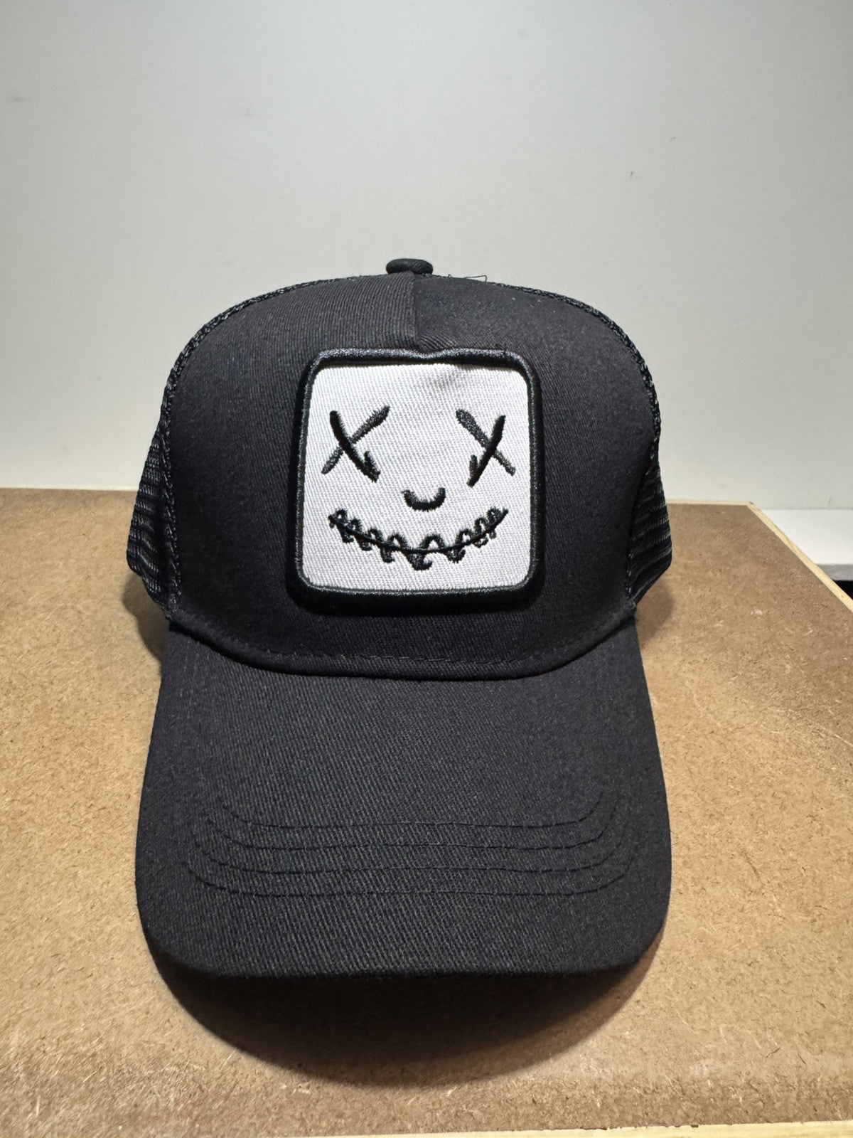 Smiley Face Trucker Hat - Black & White Mesh Back