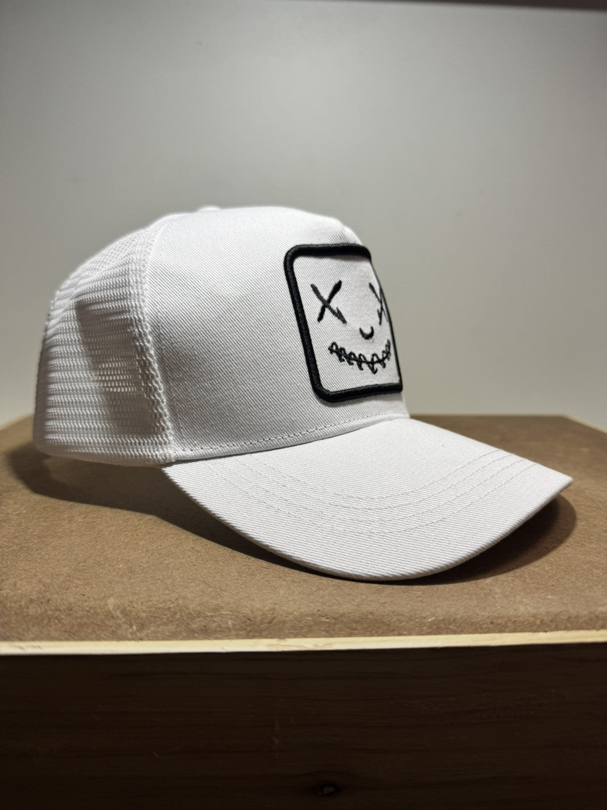 Smiley Face Trucker Hat - Full White Mesh Back