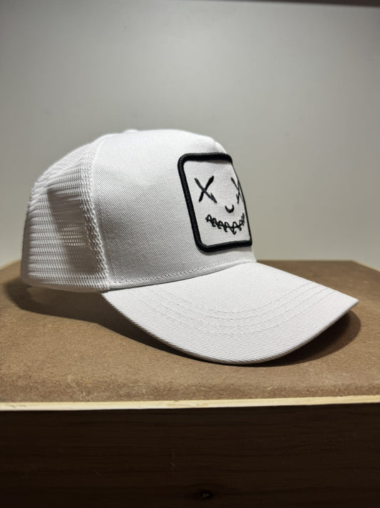 Smiley Face Trucker Hat - Full White Mesh Back